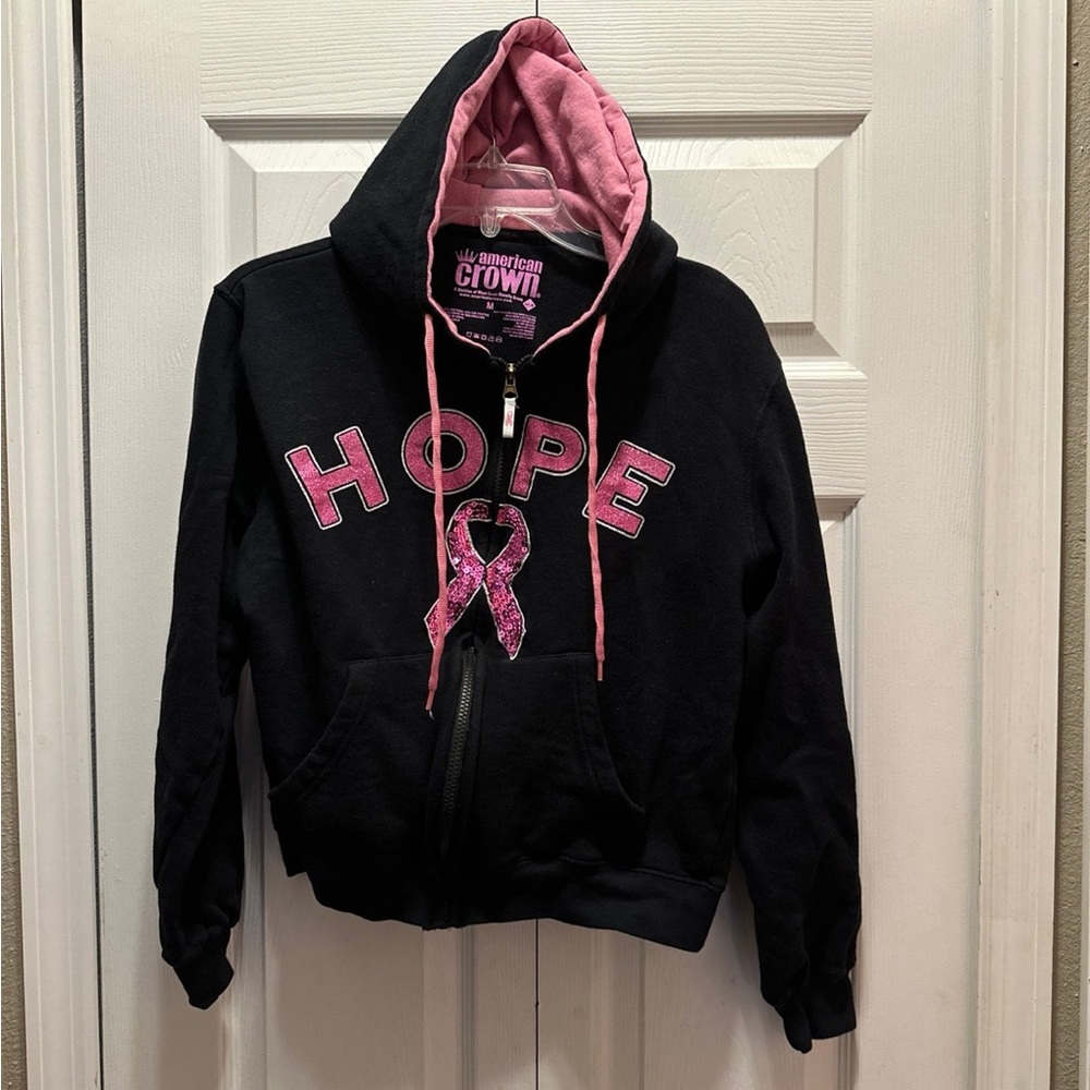 Breast cancer Hope Hoodie size small, black with pink ribbon in sequins